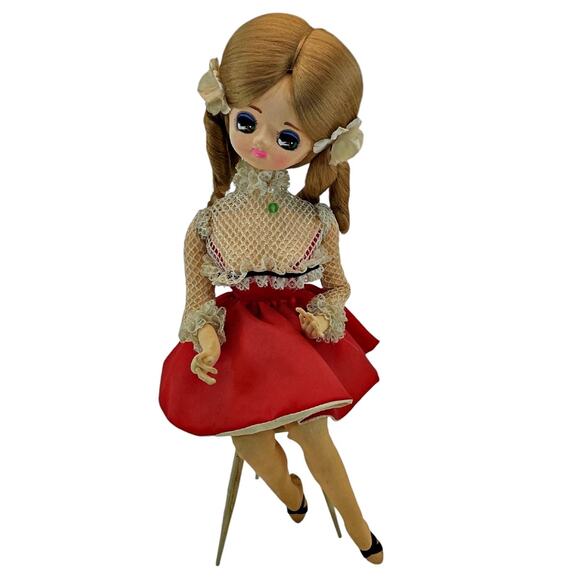 VTG Retro 60's Big Eyed Bradley Pose Doll Lace Dress Pig Tail Sitting on Chair - Picture 1 of 7